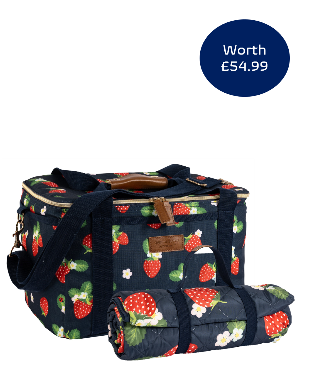 Strawberries & Cream Large Quilted Picnic Blanket and Family Cool Bag