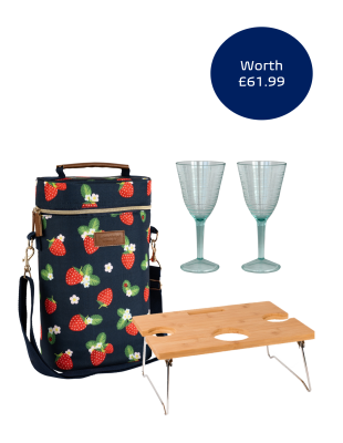 Strawberries & Cream Bottle Bag, Wine Table and 2 x Wine Glasses