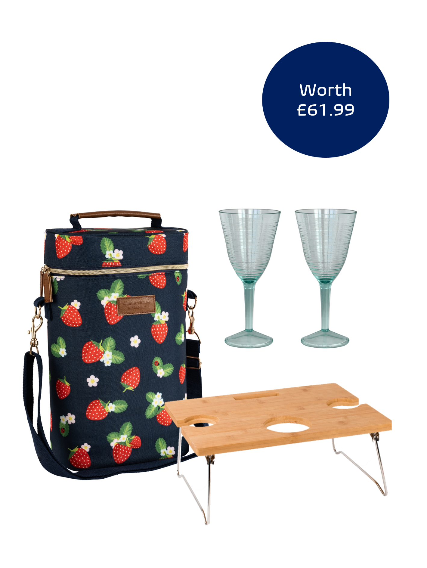 Strawberries & Cream Bottle Bag, Wine Table and 2 x Wine Glasses